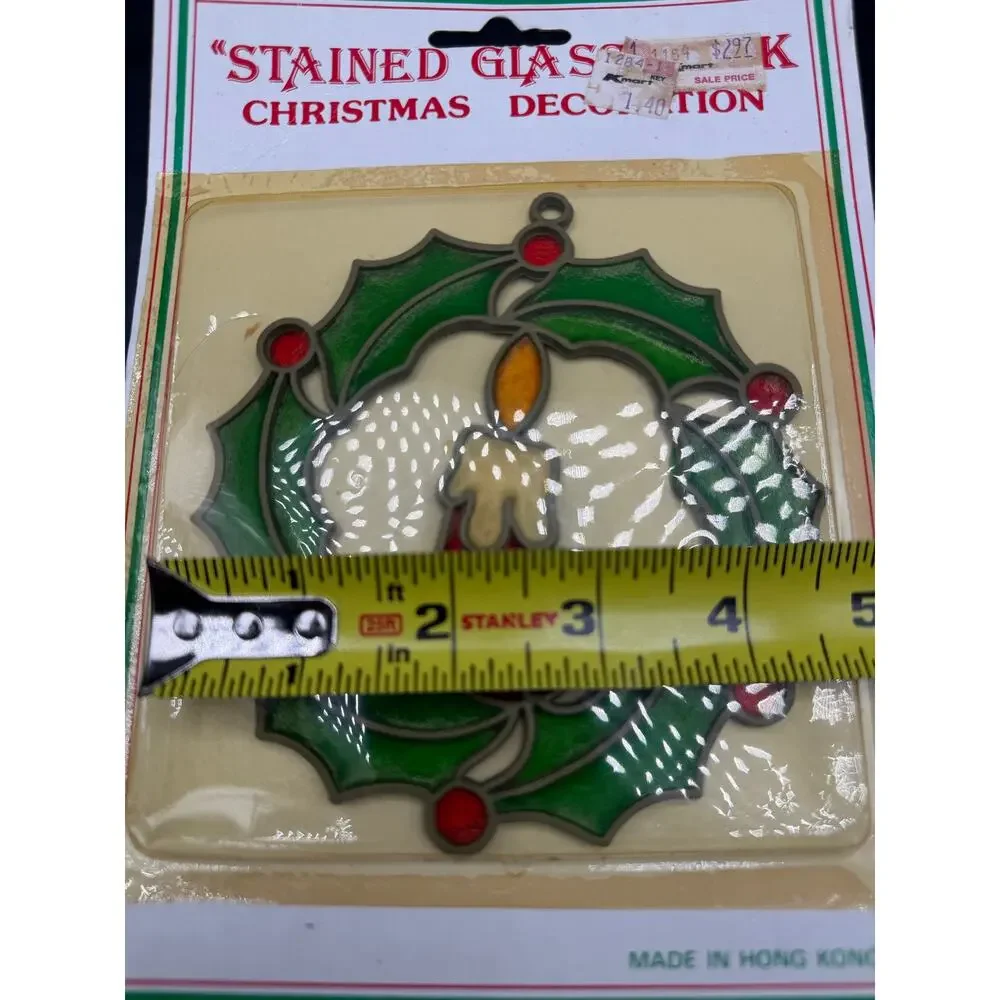 Vintage Hong Kong Stained Glass Christmas Wreath Candle Window Sun Catcher NOS